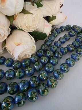 Periwinkle Blue & Green 12mm Chinese Cloisonne Beads